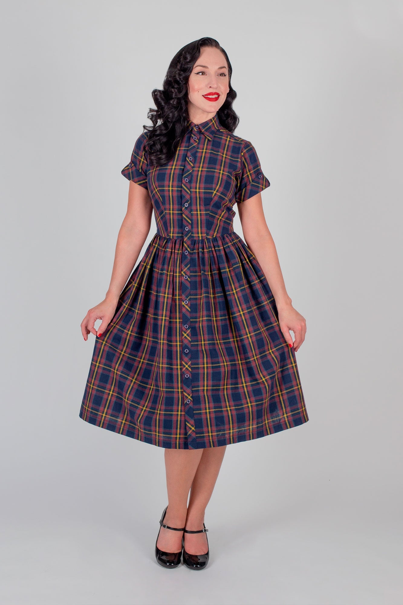 Day Dress in Navy and Brown Plaid